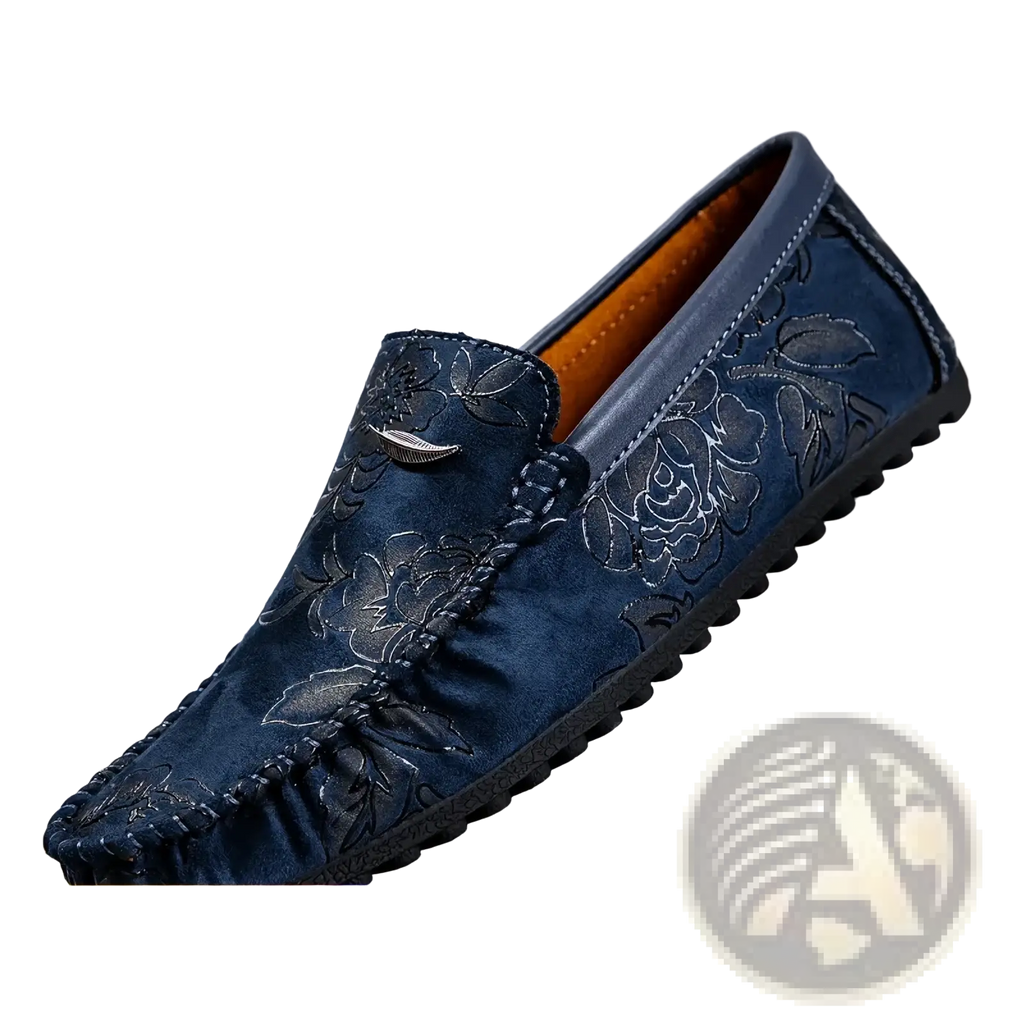Dark blue leather men floral loafers with embossed suede and stitched design slip on driving shoes