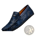 Dark blue leather men floral loafers with embossed suede and stitched design slip on driving shoes