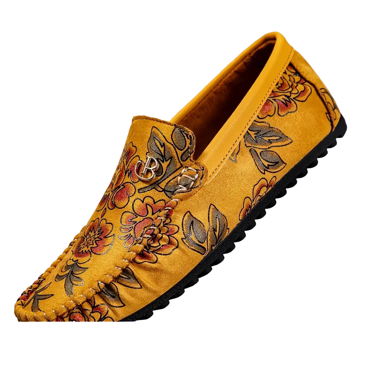 Men leather floral loafers slip on driving shoes in yellow suede with red and brown floral embroidery and metallic logo on vamp