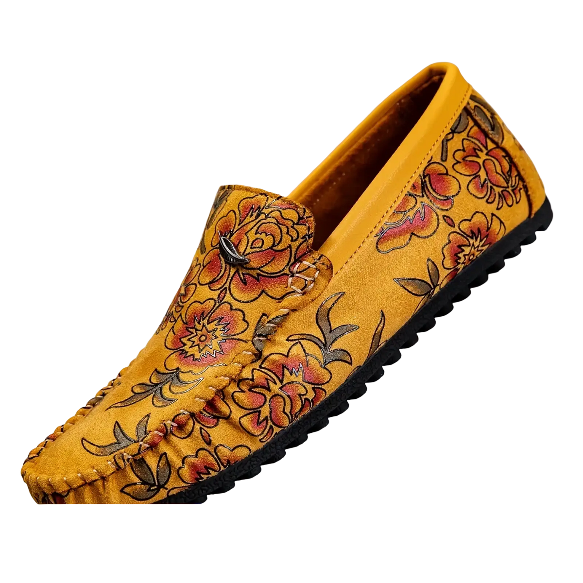 Men leather floral loafers slip on driving shoes in yellow suede with intricate orange and red floral embroidery
