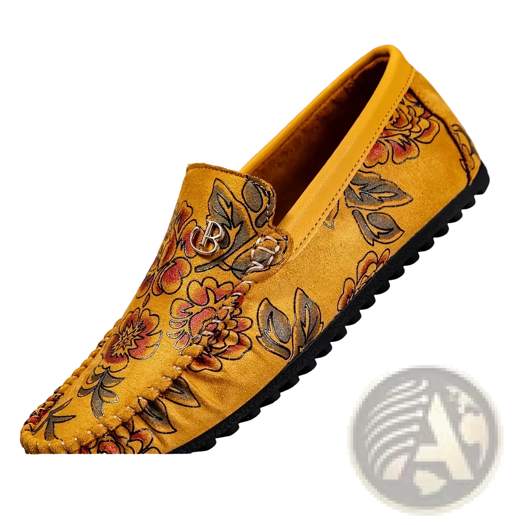 Men leather floral loafers slip on driving shoes in yellow suede with red and brown floral embroidery and metallic logo on vamp
