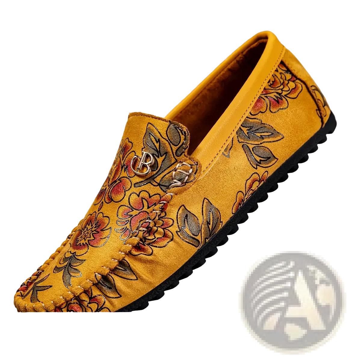 Men leather floral loafers slip on driving shoes in yellow suede with red and brown floral embroidery and metallic logo on vamp