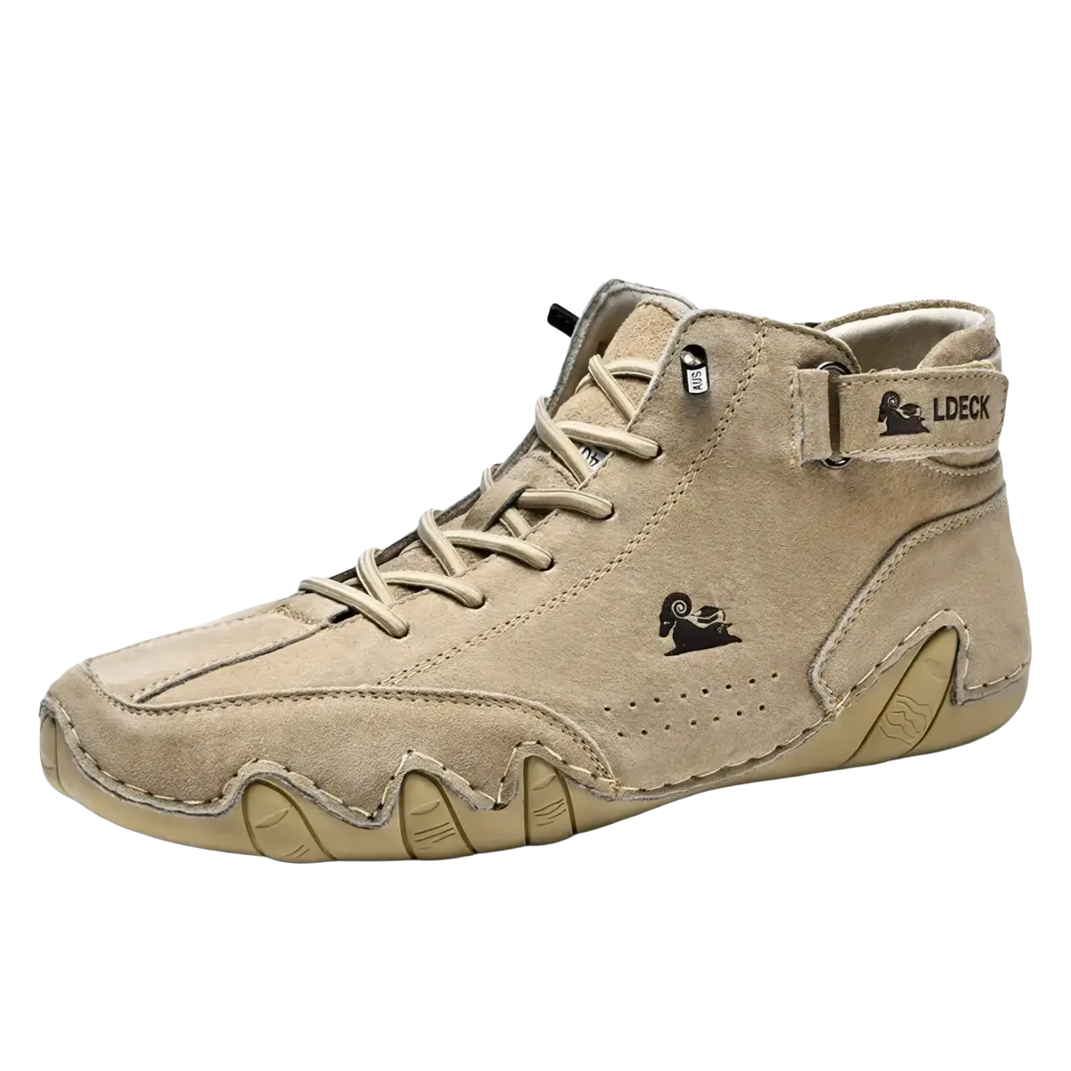 Beige suede men leather high top walking sneaker with black ram logo and matching laces