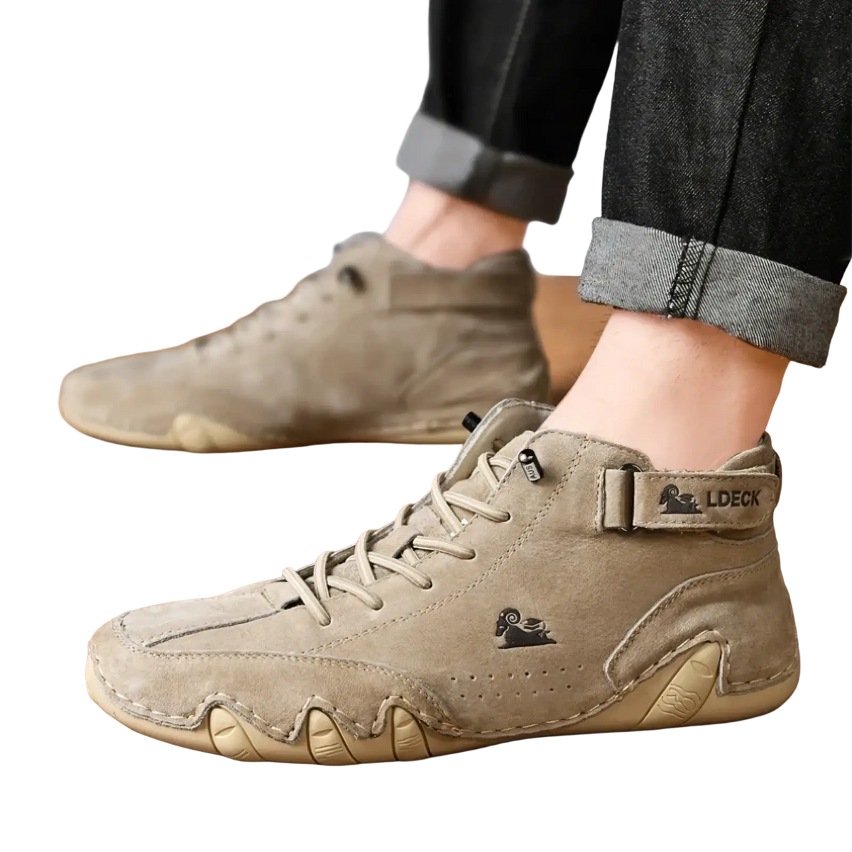 Beige suede men leather high top walking sneaker with textured rubber sole and black embroidered logo on the side