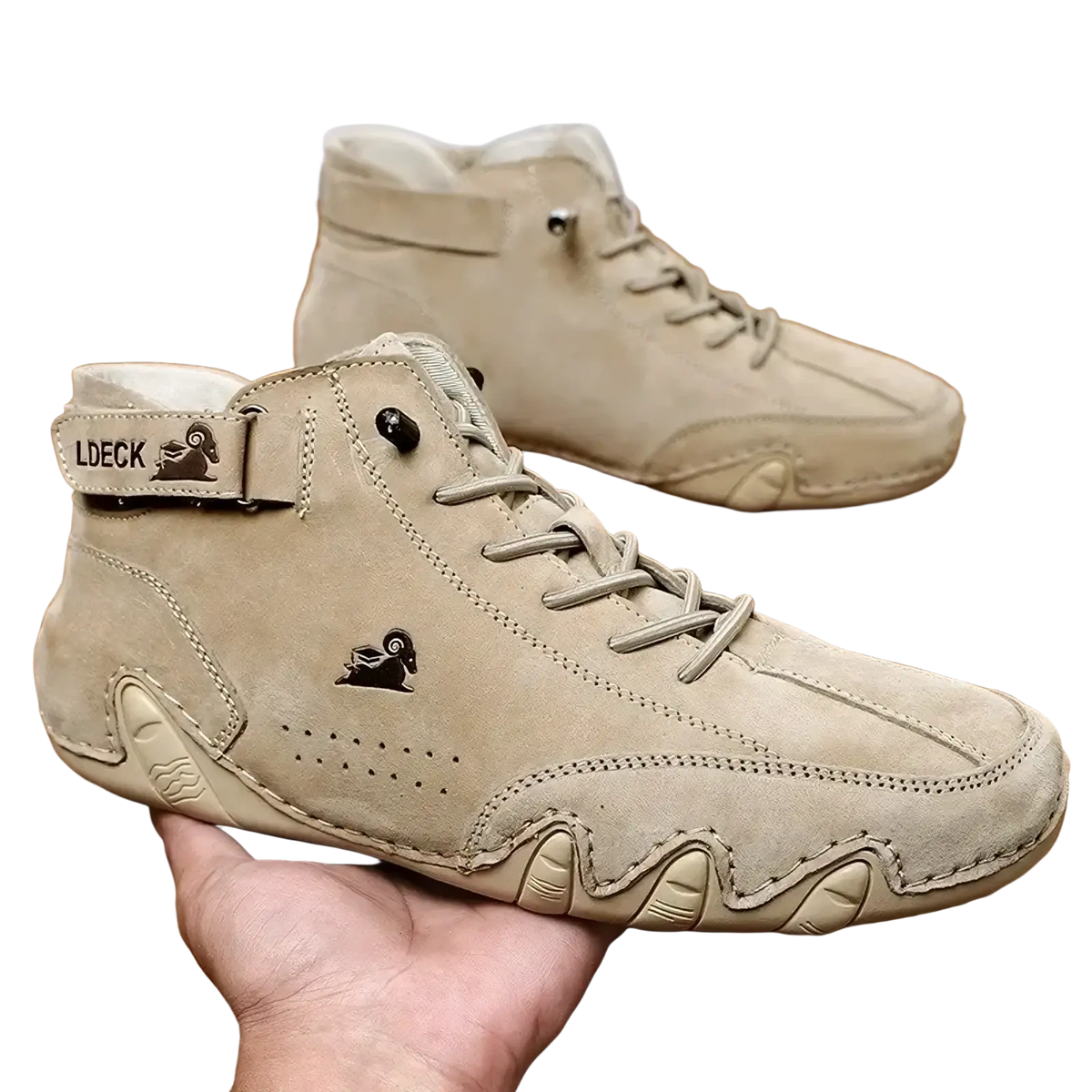 Men leather high top walking sneakers in beige suede with black ram logo and textured rubber sole