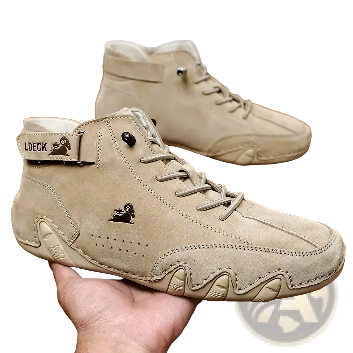 Men leather high top walking sneakers in beige suede with black ram logo and textured rubber sole