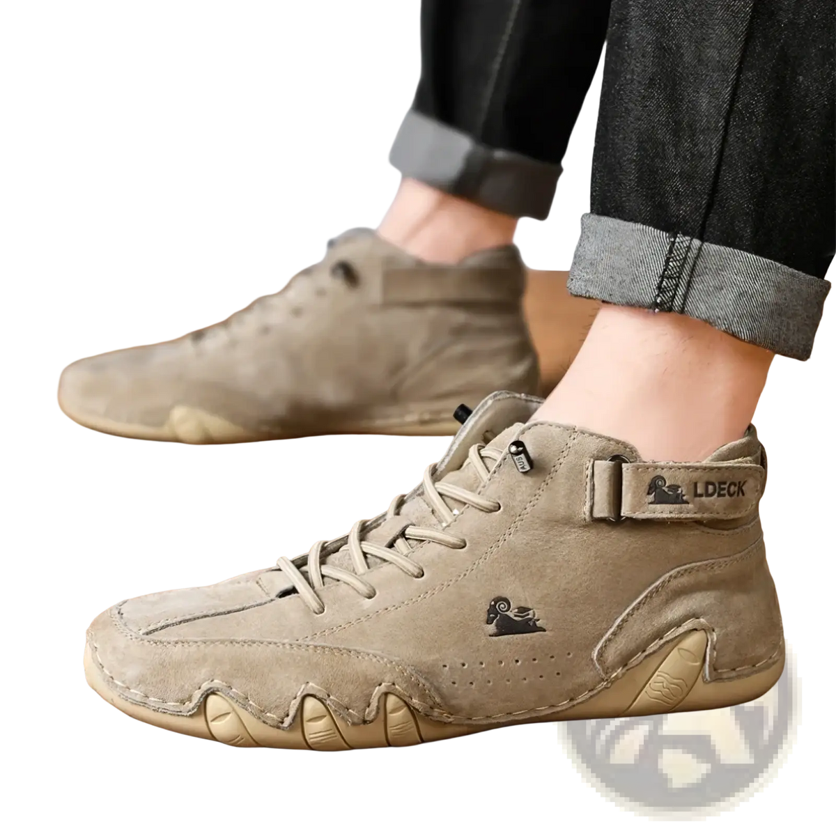 Beige suede men leather high top walking sneaker with textured rubber sole and black embroidered logo on the side