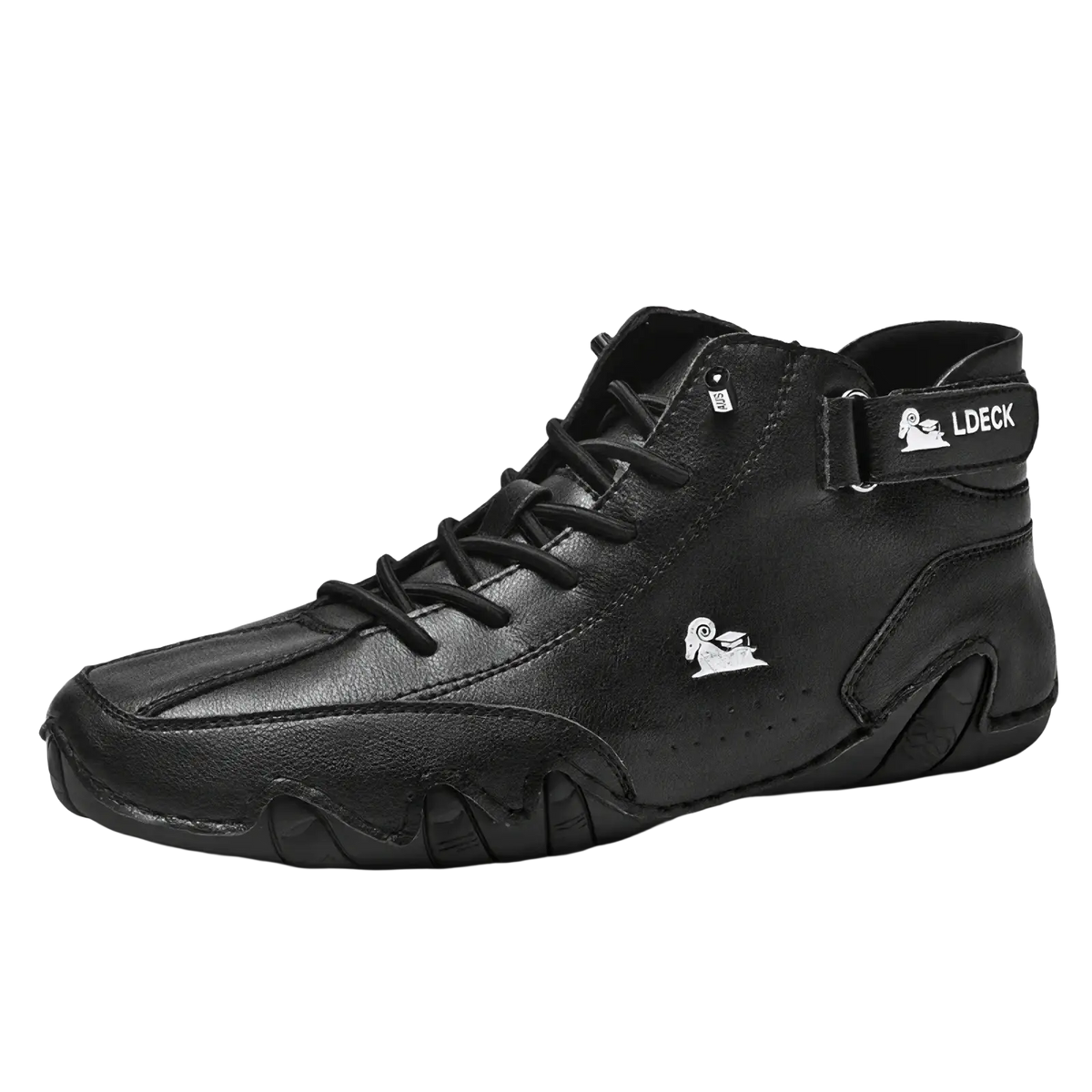 Men leather high top walking sneaker in black with sleek modern design and subtle white logo detailing