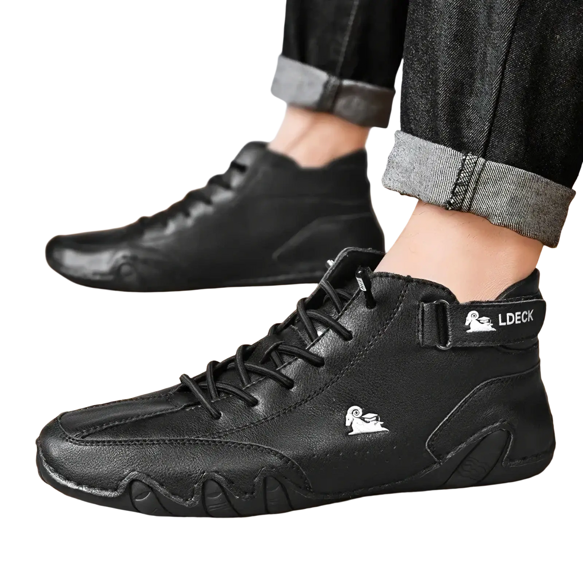 Men leather high top walking sneakers in black with white ram logo and ldeck branding on the ankle strap