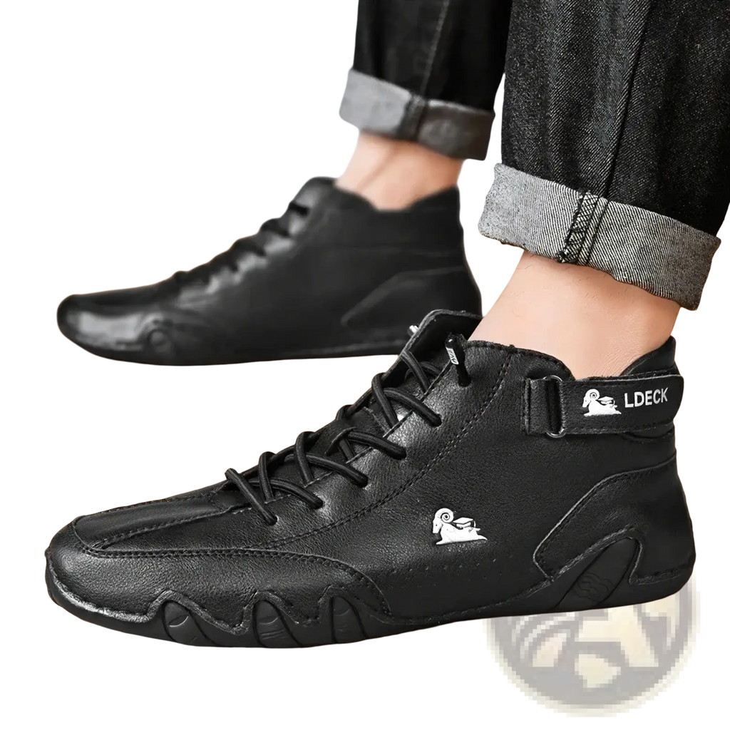 Men leather high top walking sneakers in black with white ram logo and ldeck branding on the ankle strap
