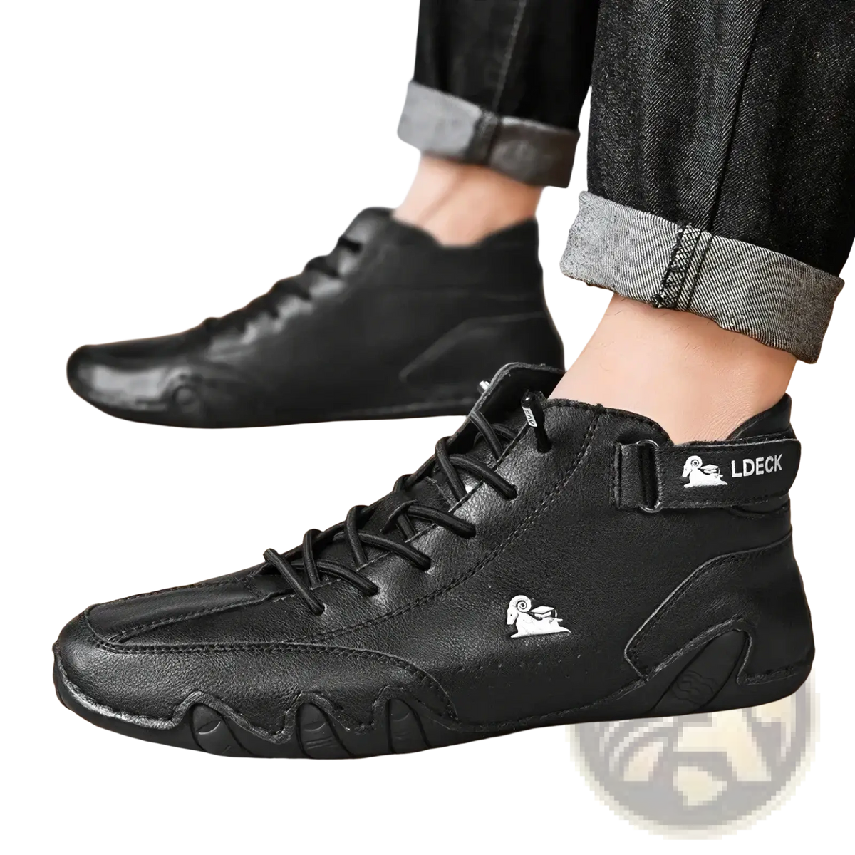 Men leather high top walking sneakers in black with white ram logo and ldeck branding on the ankle strap