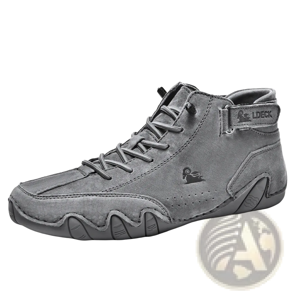 Men leather high top walking sneaker in gray suede with textured wavy rubber sole and matching laces