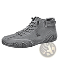 Men leather high top walking sneaker in gray suede with textured wavy rubber sole and matching laces