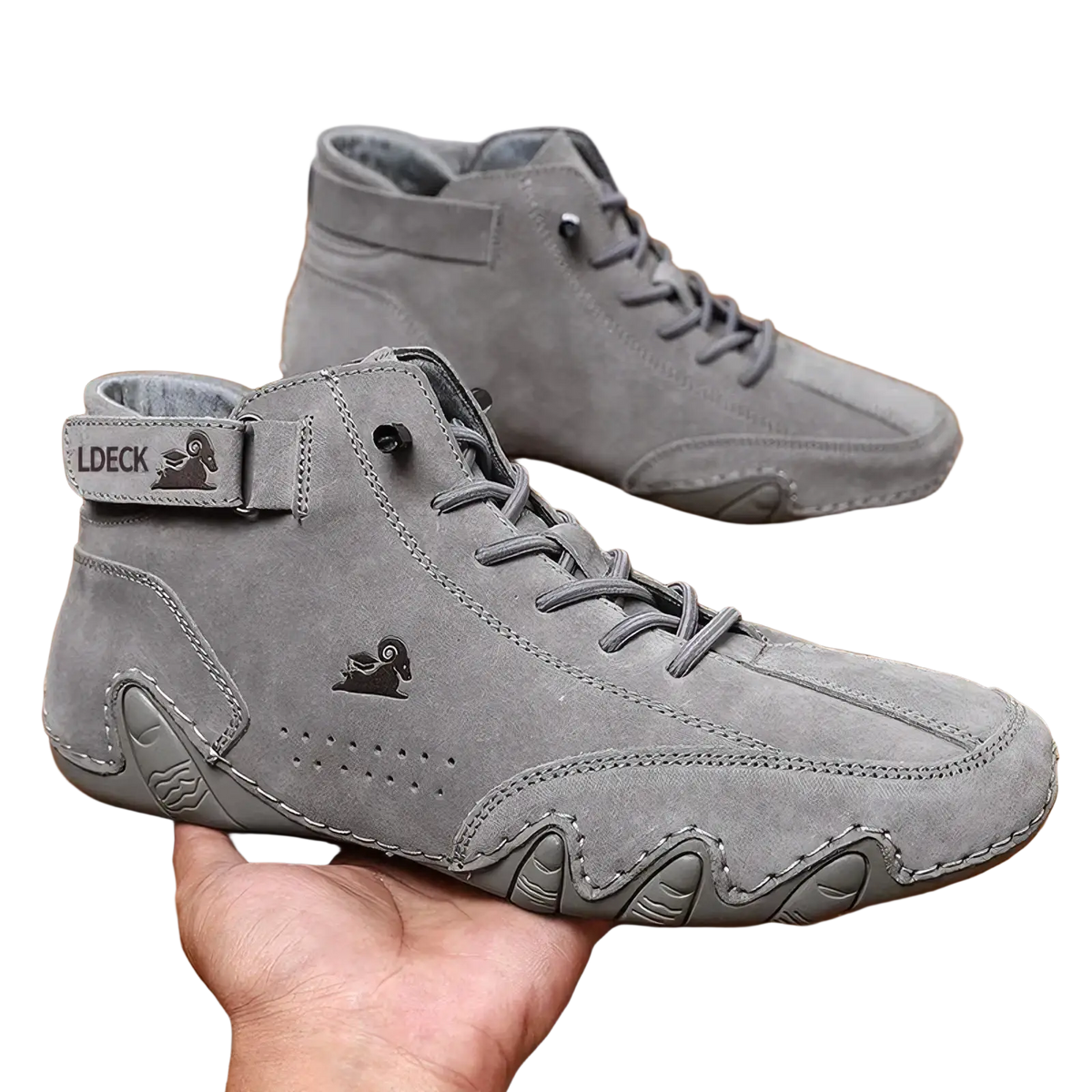 Men leather high top walking sneakers in gray suede with stitched design and black ram logo branding