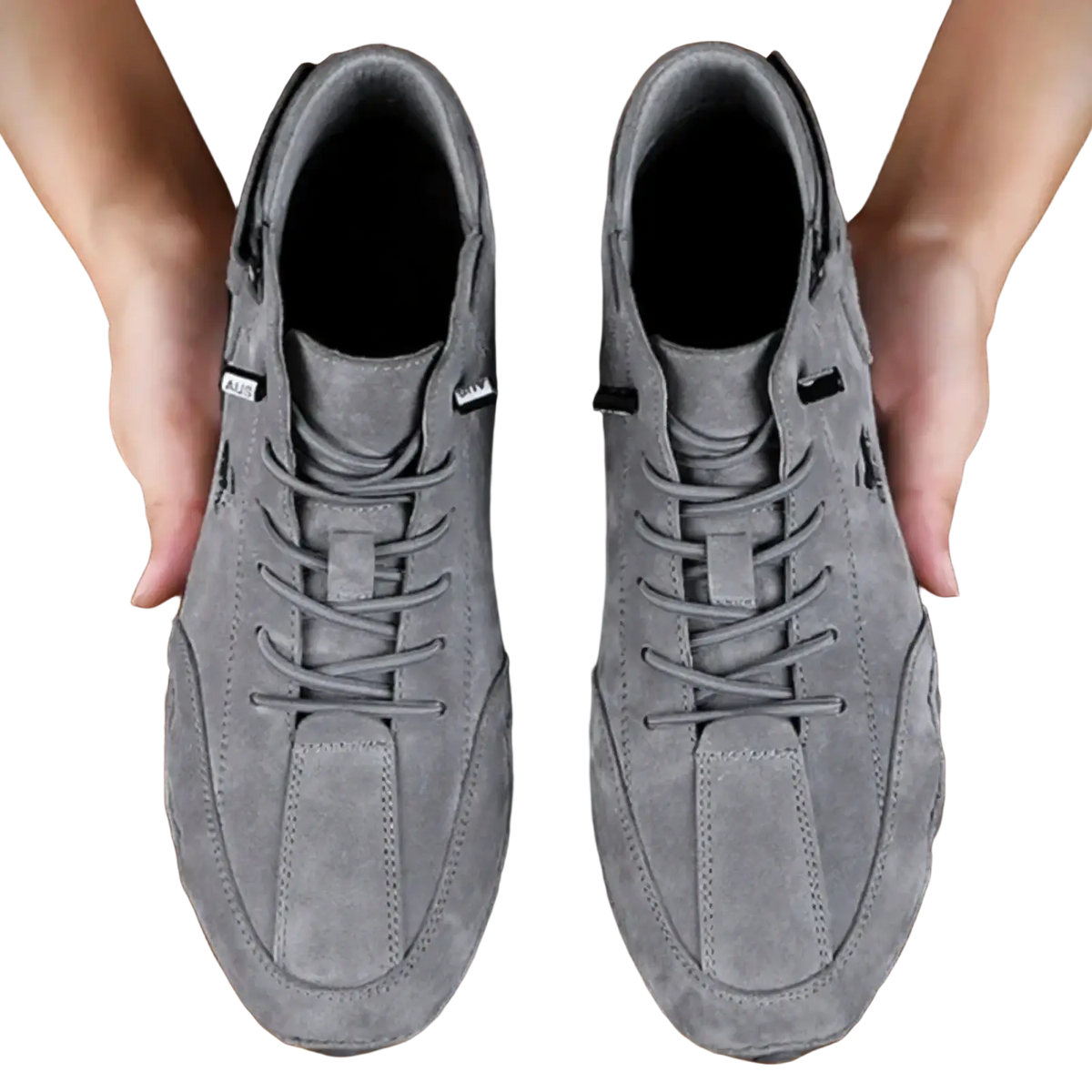 Men leather high top walking sneakers in gray suede with matching laces and black side zipper details