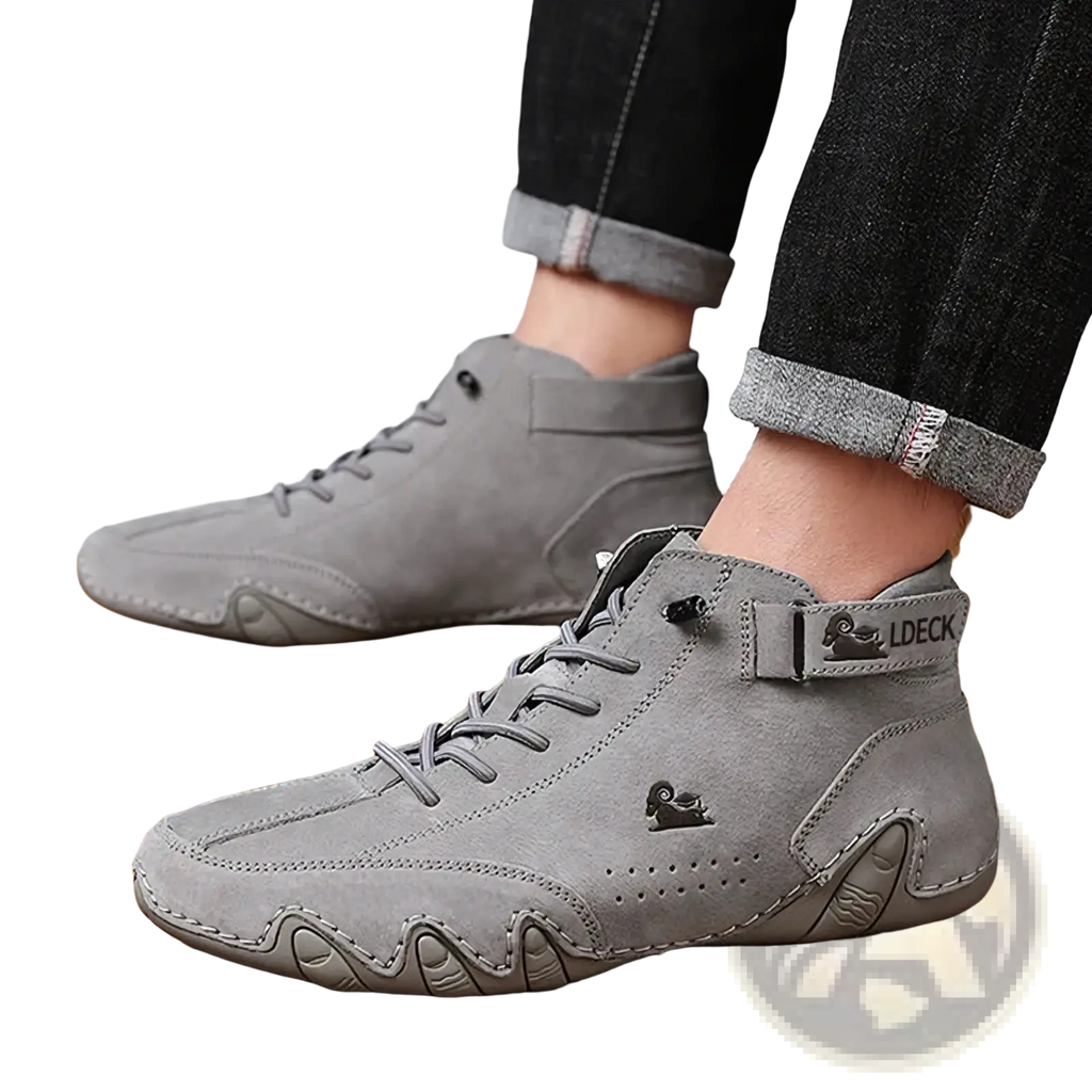 Men leather high top walking sneakers in gray suede with black ram logo and ldeck branding on the side