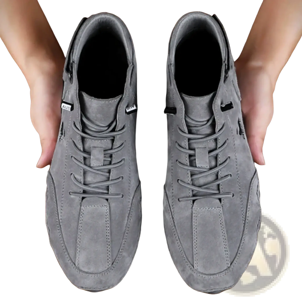 Men leather high top walking sneakers in gray suede with matching laces and black side zipper details