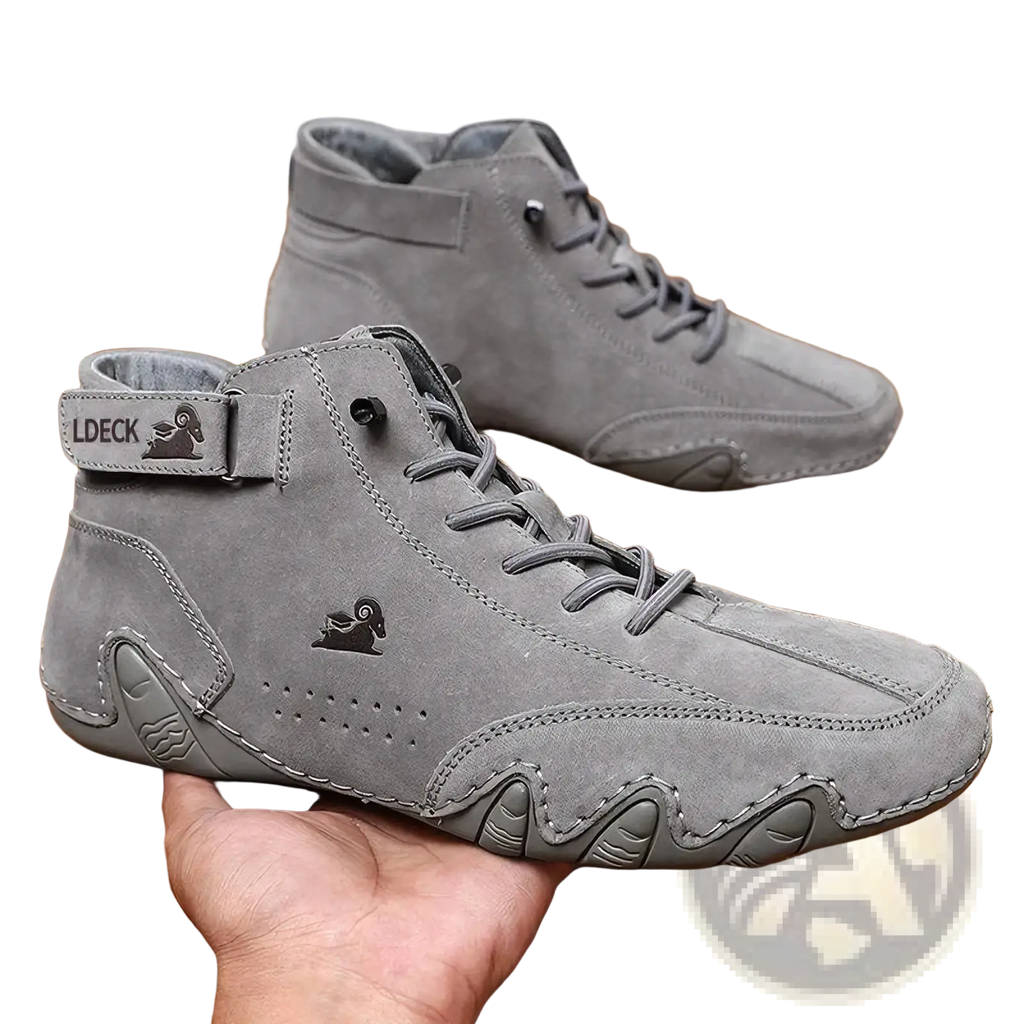 Men leather high top walking sneakers in gray suede with stitched design and black ram logo branding