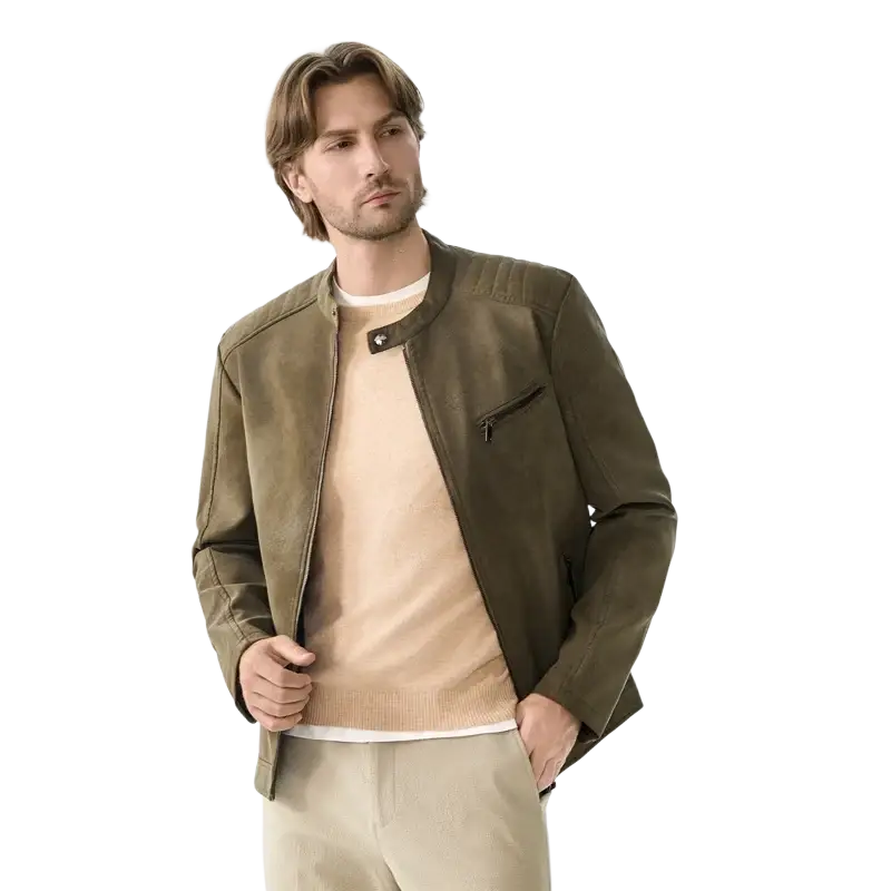 Men leather jacket vintage motorcycle windbreaker in olive green leather with lapel collar and chest zipper pocket