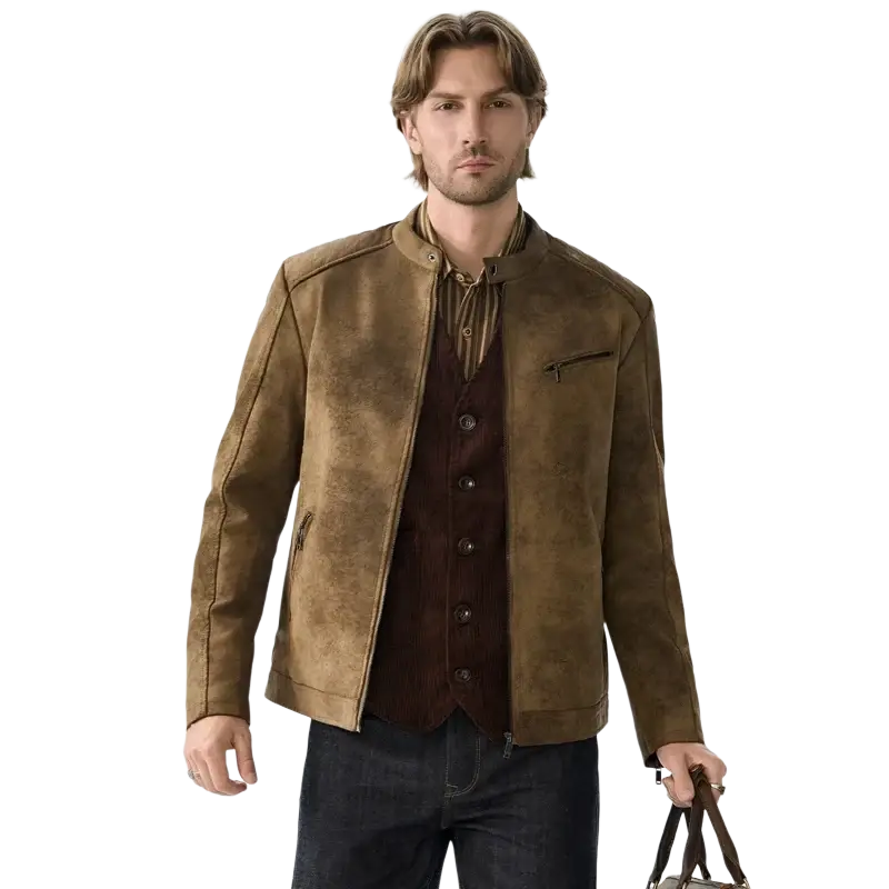 Brown suede leather jacket with collar and front zipper vintage motorcycle windbreaker for men