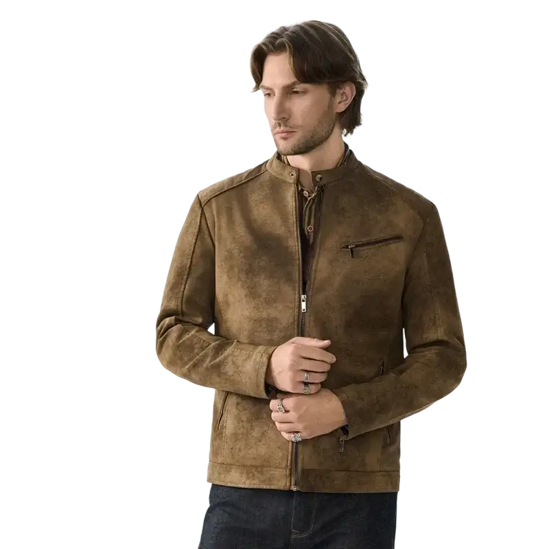 Men leather jacket vintage motorcycle windbreaker brown suede with zipper front and chest pocket detail
