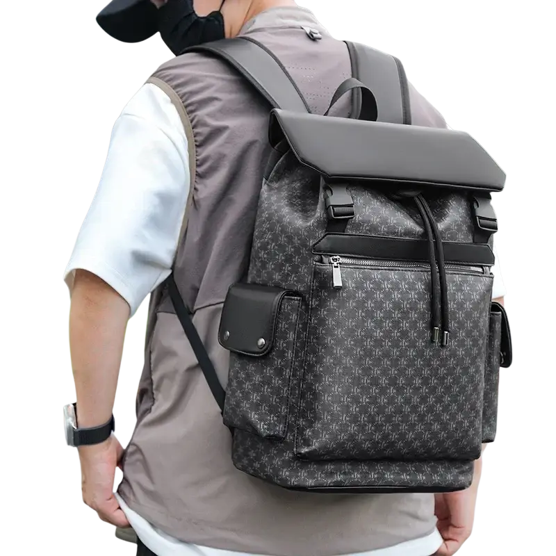 Men leather laptop backpack black monogram travel bag with black and gray patterned sleek modern design shown from back side