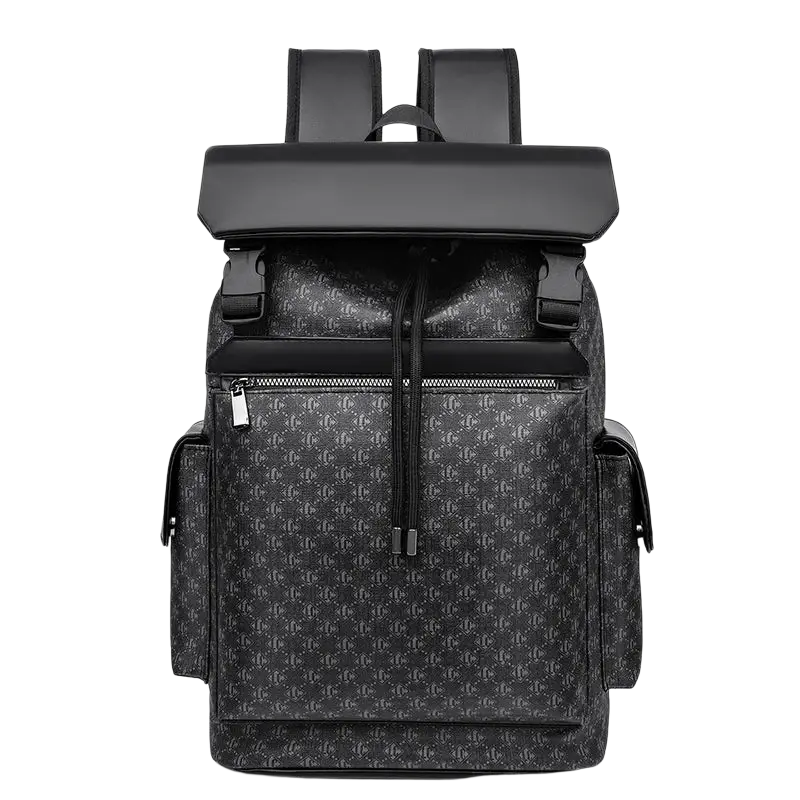 Men leather laptop backpack black with subtle monogram pattern and solid accents ideal for travel use
