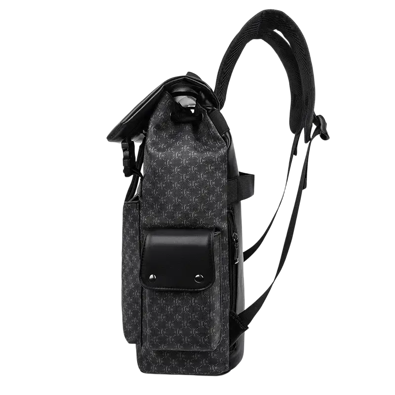 Men leather laptop backpack black with subtle monogram pattern leather-like accents and adjustable straps for travel