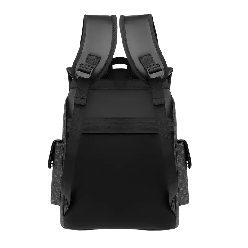 Black leather men laptop backpack with textured side pockets and adjustable shoulder straps for travel use