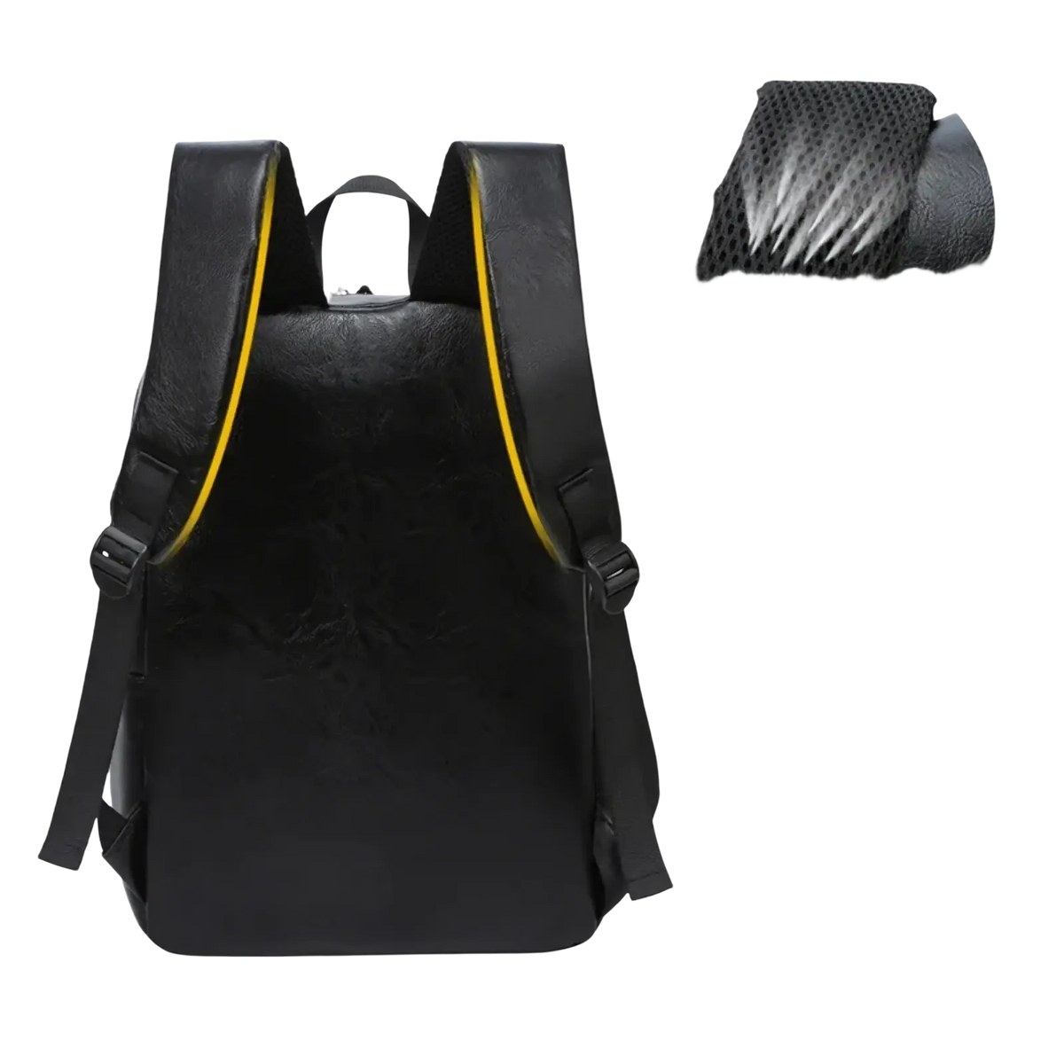 Men leather laptop backpack in black with yellow stitching and breathable mesh padding on shoulder straps back view