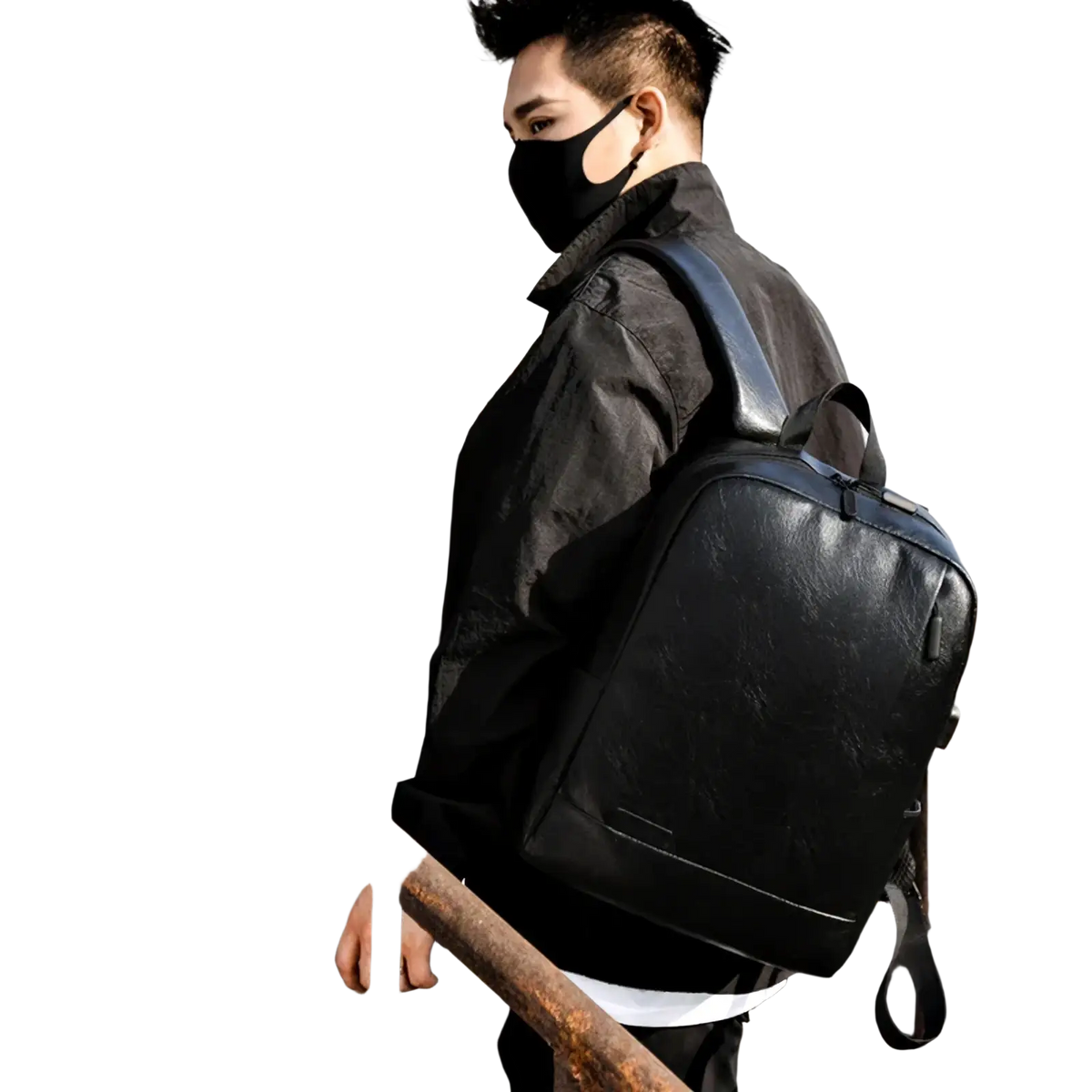 Black leather laptop backpack with subtle texture and sleek minimalist design for men business travel use