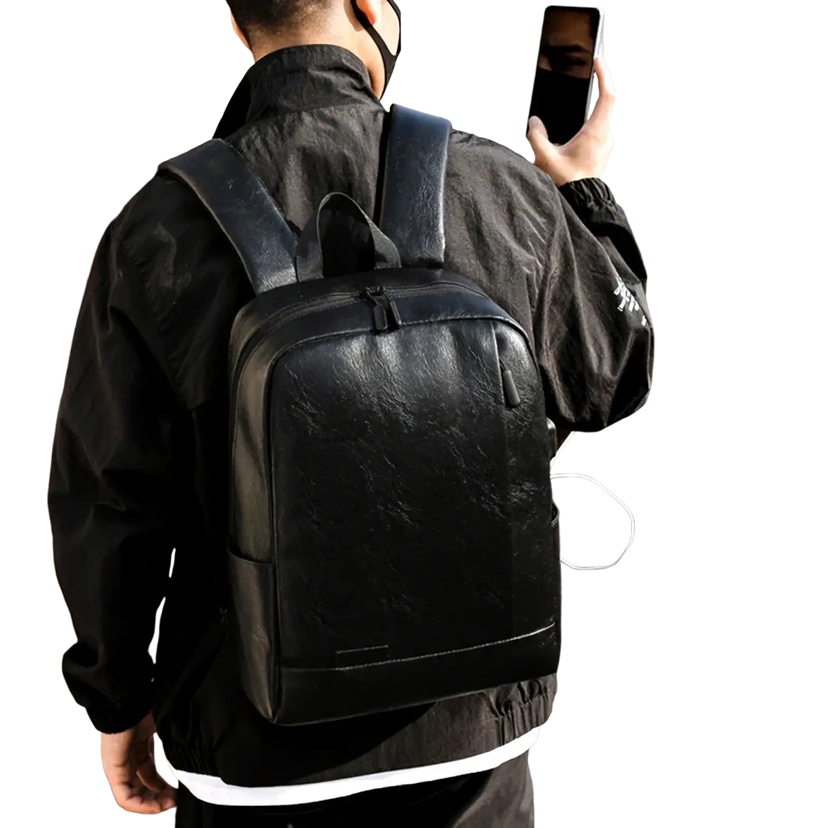 Black leather men laptop backpack with subtle texture and sleek design for business travel use