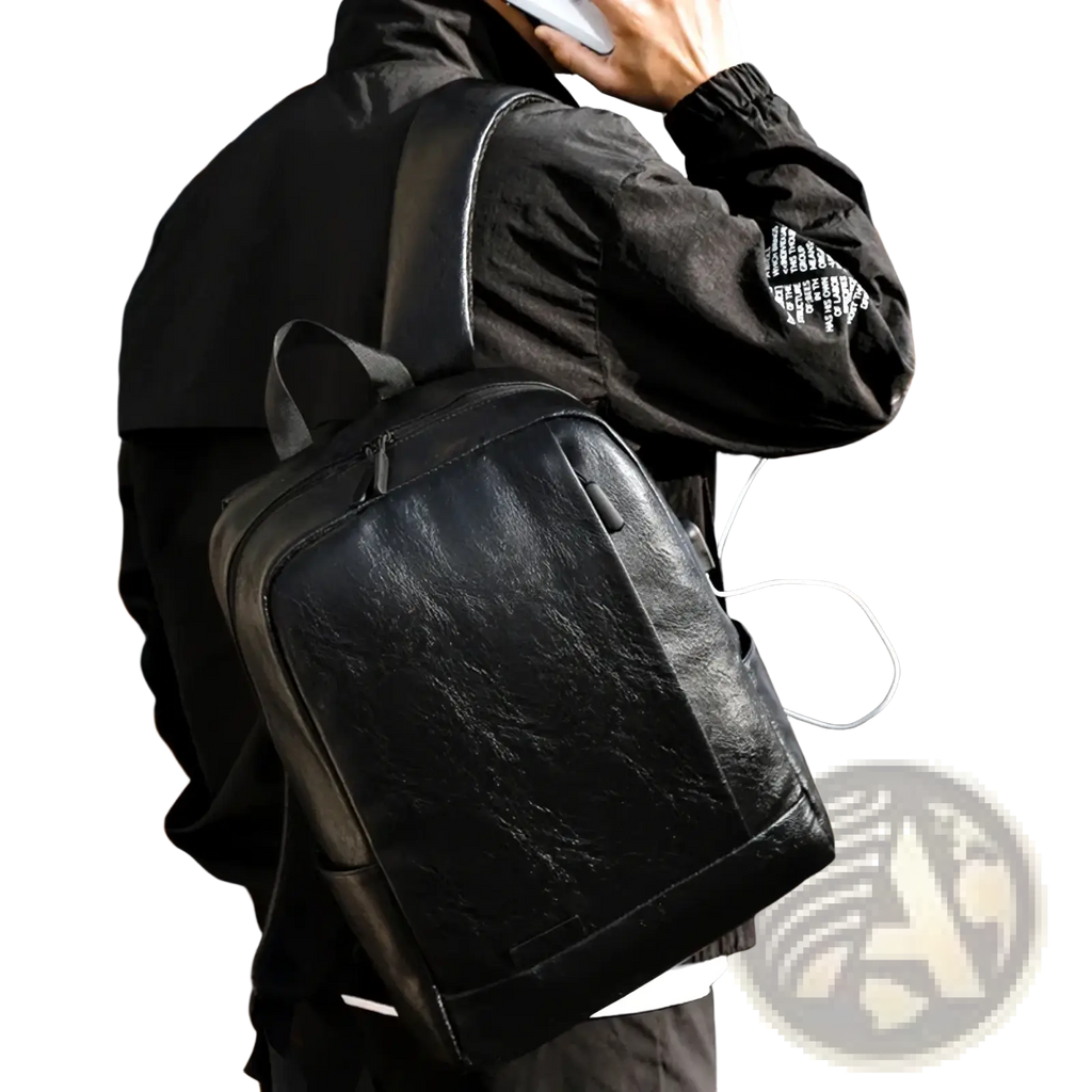 Black leather men laptop backpack with subtle texture and sleek design for business travel use