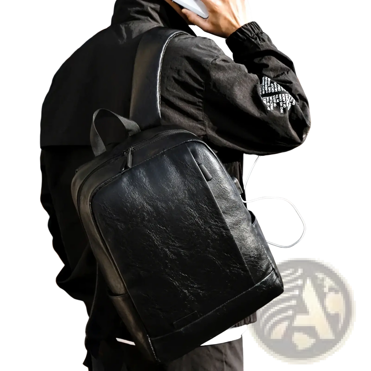 Black leather men laptop backpack with subtle texture and sleek design for business travel use