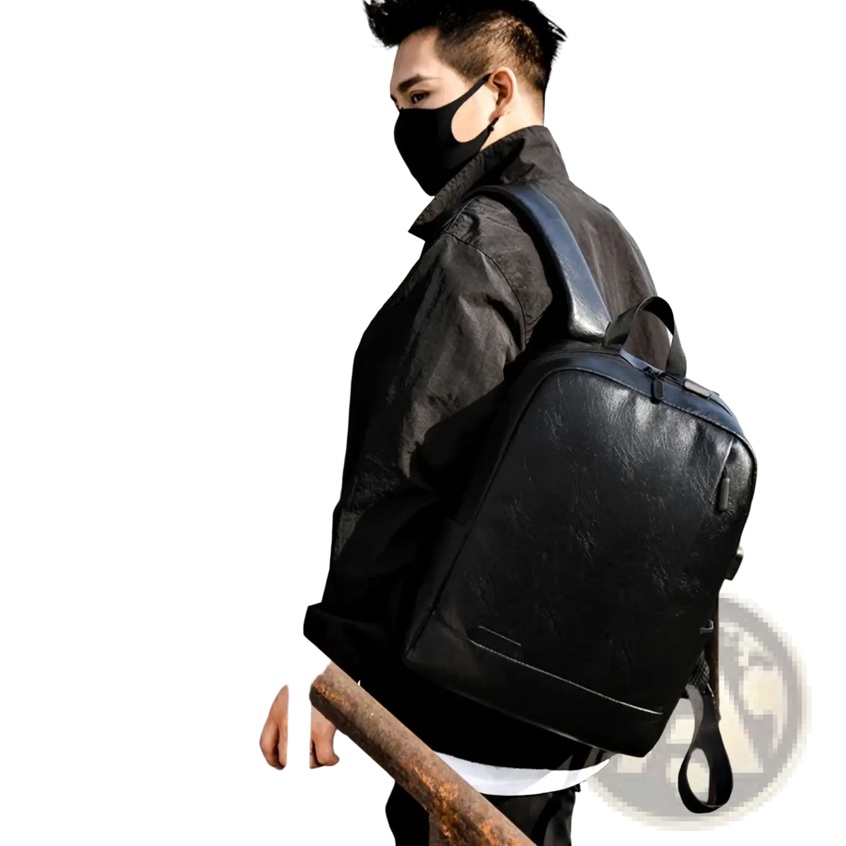 Black leather laptop backpack with subtle texture and sleek minimalist design for men business travel use