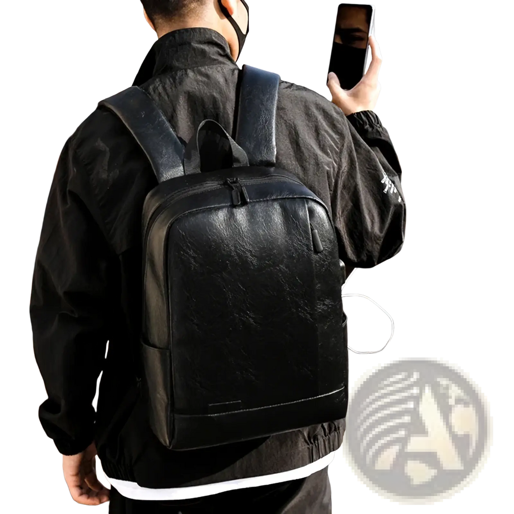 Black leather men laptop backpack with subtle texture and sleek design for business travel use