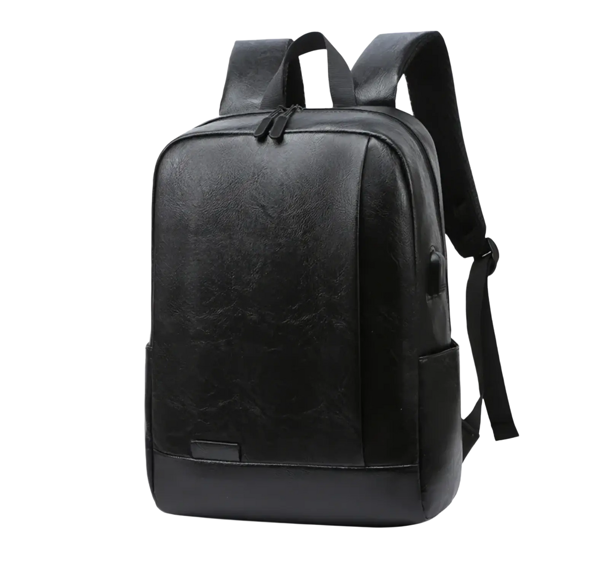 Black leather textured men leather laptop backpack with sleek modern design and subtle stitching for business travel use