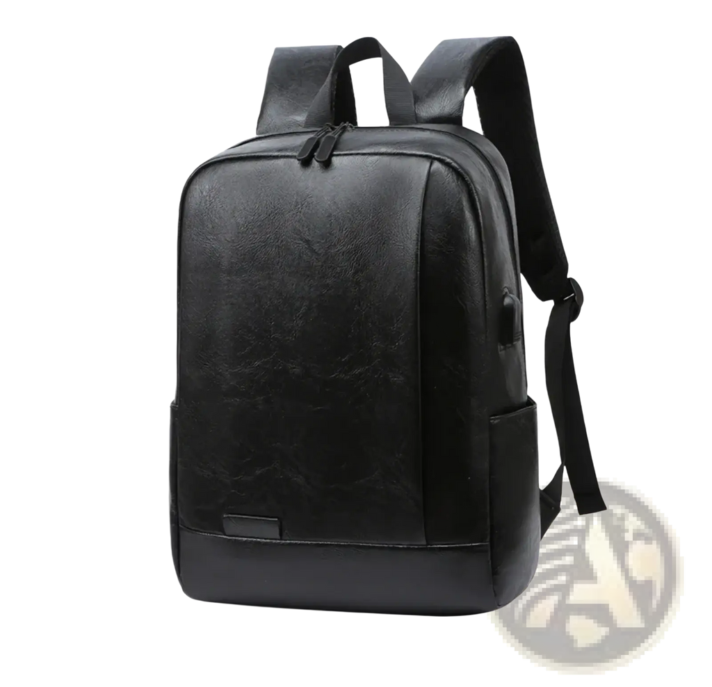 Black leather textured men leather laptop backpack with sleek modern design and subtle stitching for business travel use