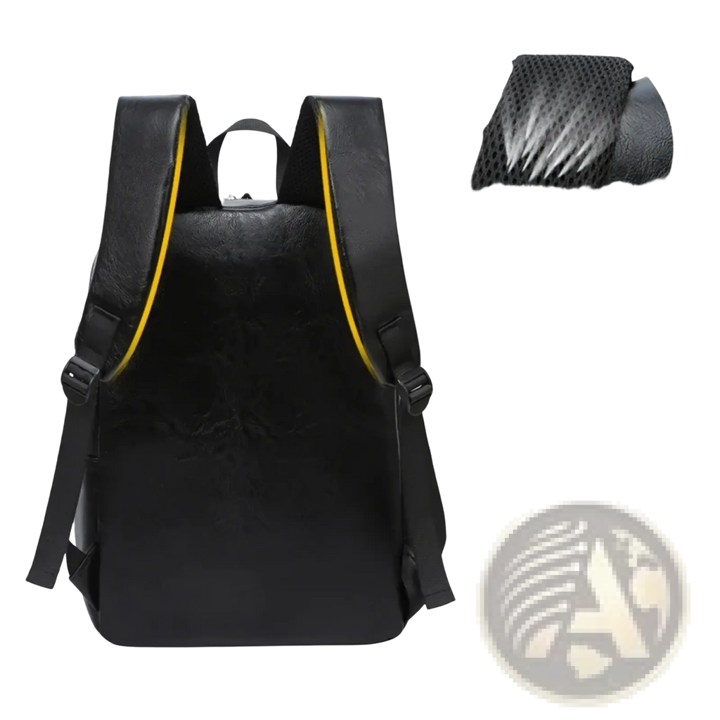 Men leather laptop backpack in black with yellow stitching and breathable mesh padding on shoulder straps back view