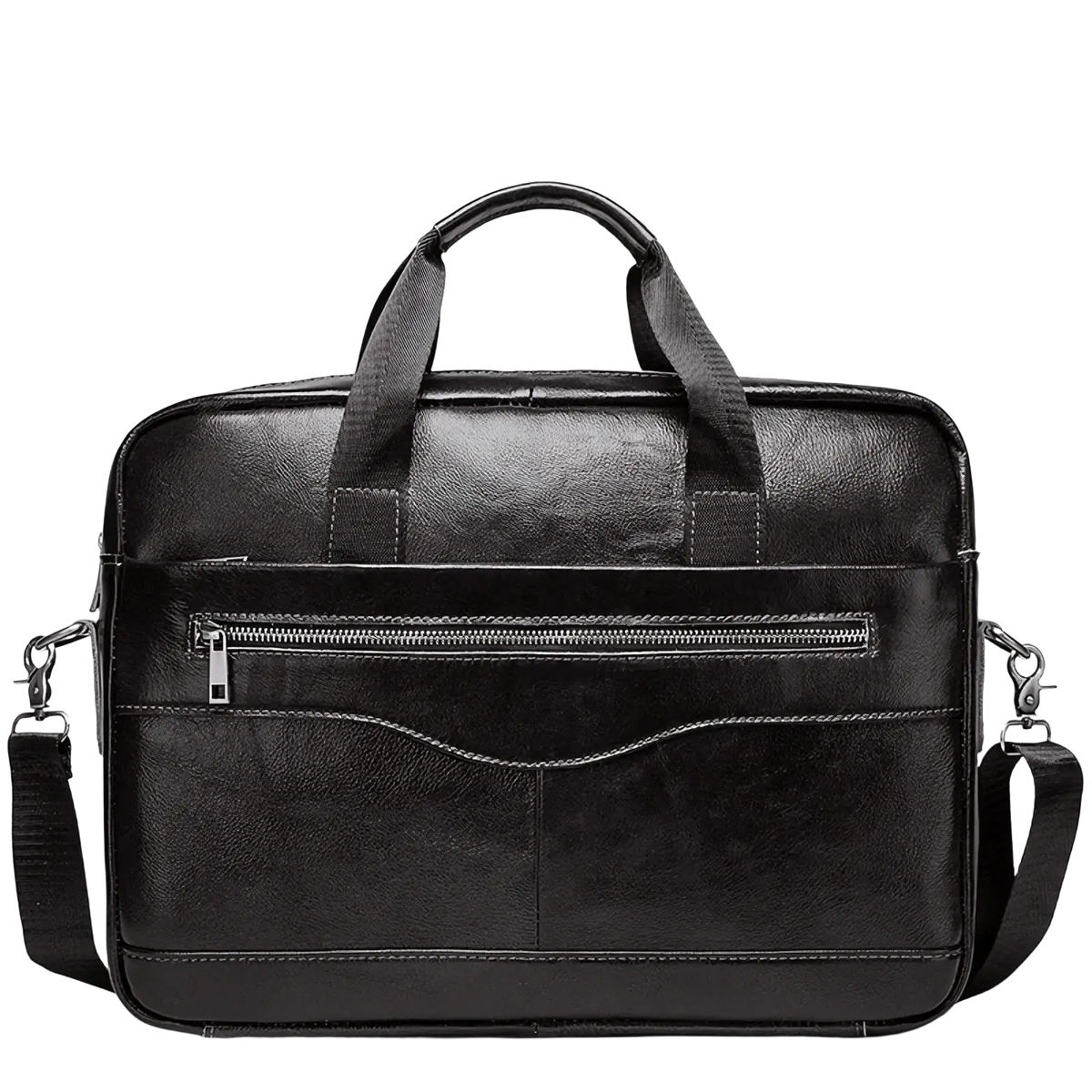 Black leather men leather laptop briefcase business bag with top handle adjustable shoulder strap and front zippered pocket