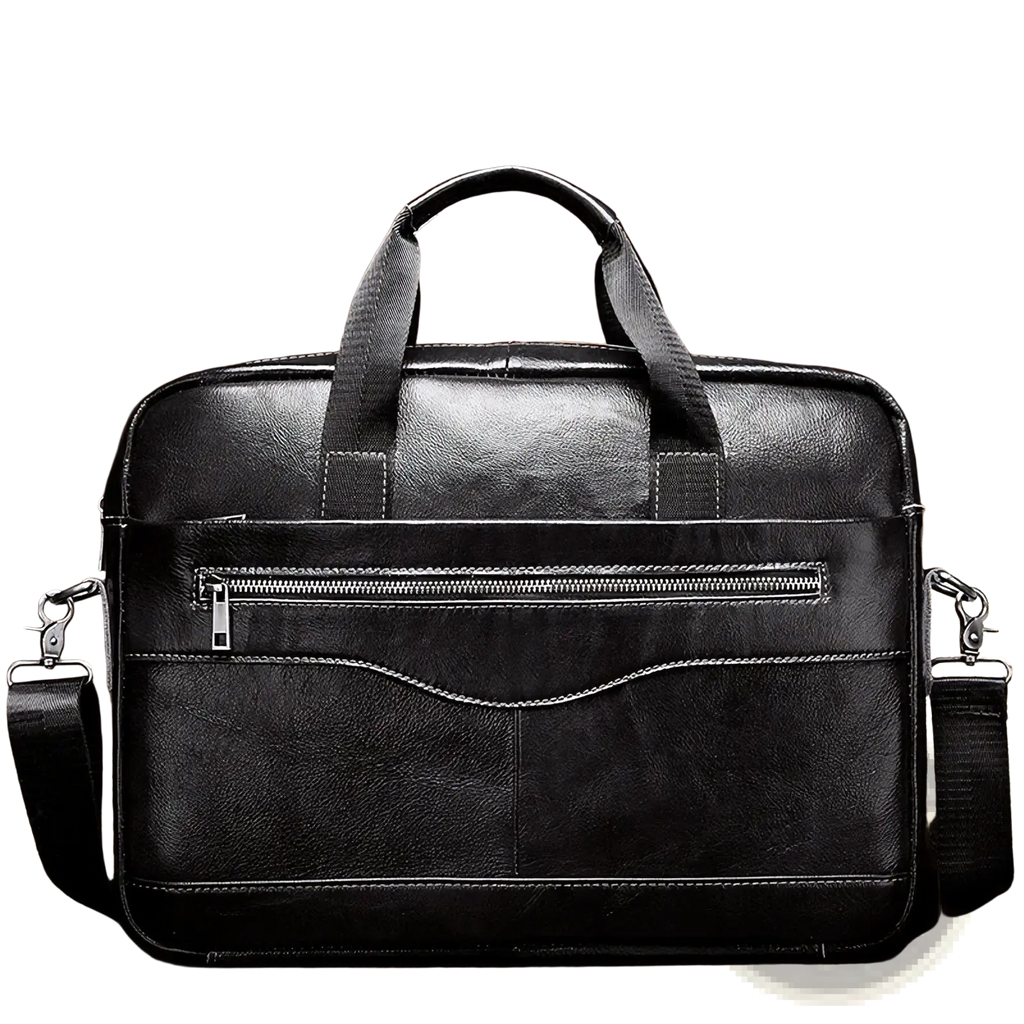 Men leather laptop briefcase in black with top handle, adjustable shoulder strap, silver zippers, and contrasting stitching