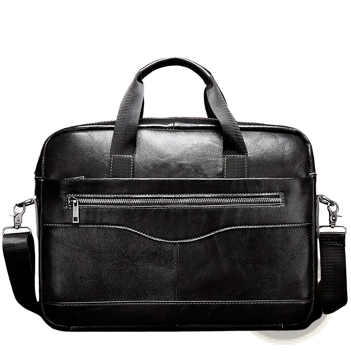 Men leather laptop briefcase in black with top handle, adjustable shoulder strap, silver zippers, and contrasting stitching