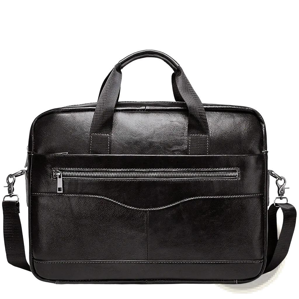 Black leather men leather laptop briefcase business bag with top handle adjustable shoulder strap and front zippered pocket