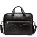 Black leather men leather laptop briefcase business bag with top handle adjustable shoulder strap and front zippered pocket