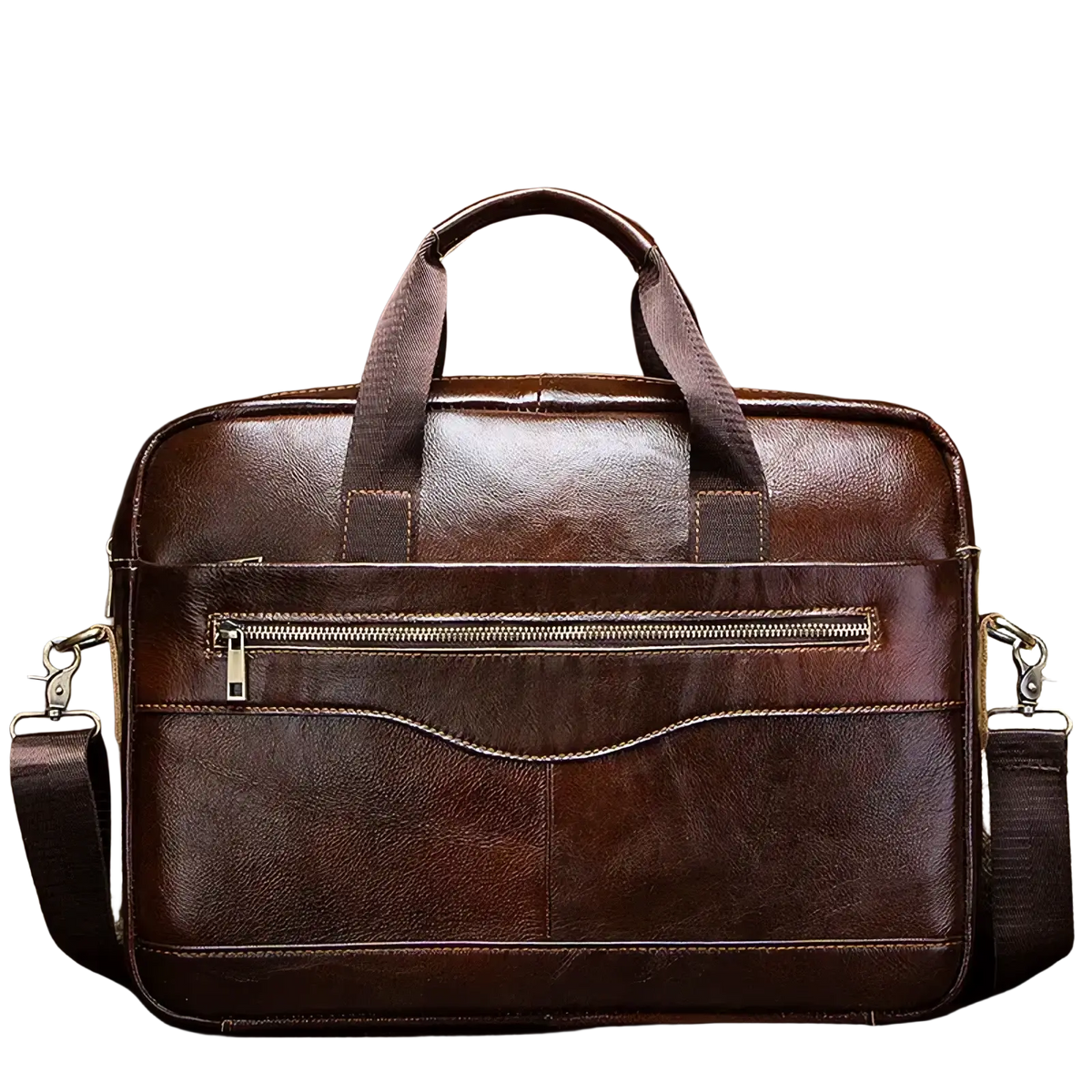 Brown leather men laptop briefcase with top handle and adjustable shoulder strap for business use