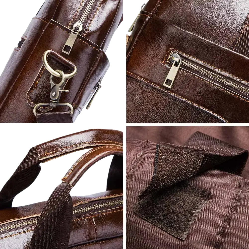 Brown leather men laptop briefcase with silver zippers and metal hardware for business use