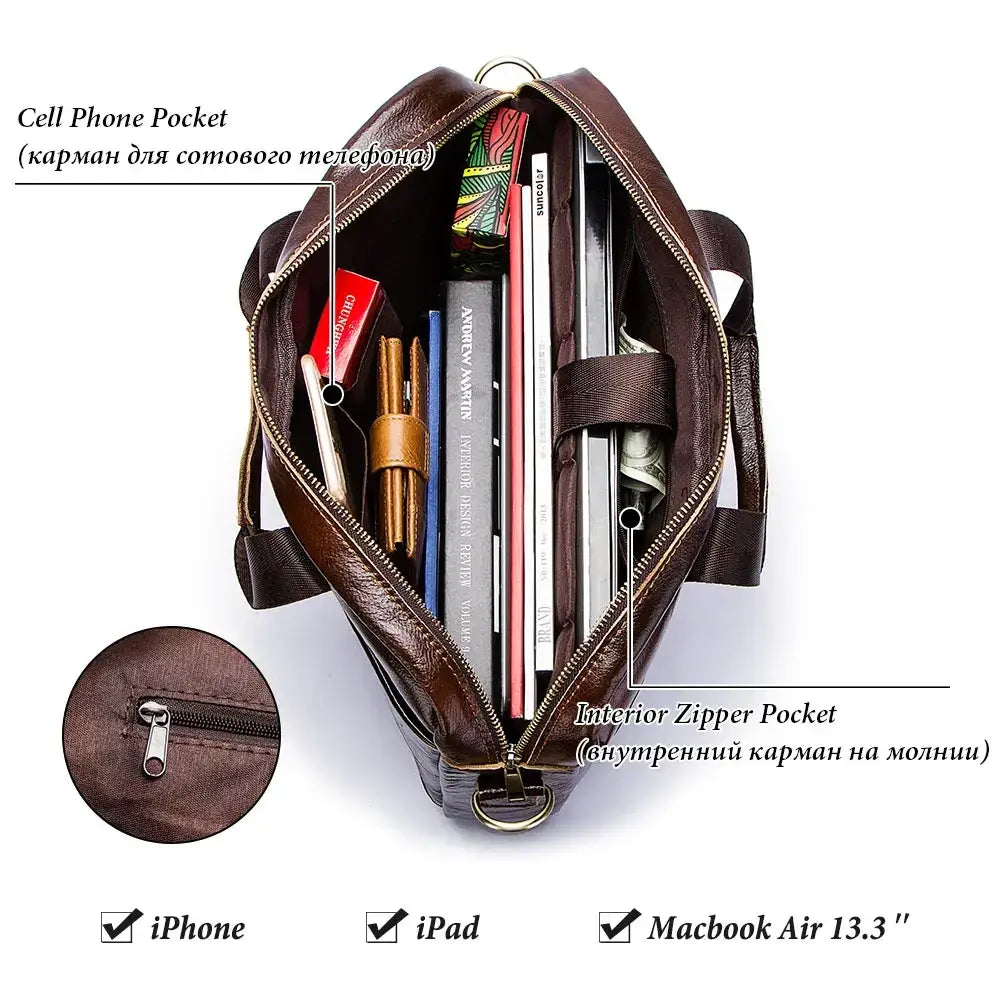 Brown leather men laptop briefcase business bag with multiple compartments and a zipper pocket for organized storage