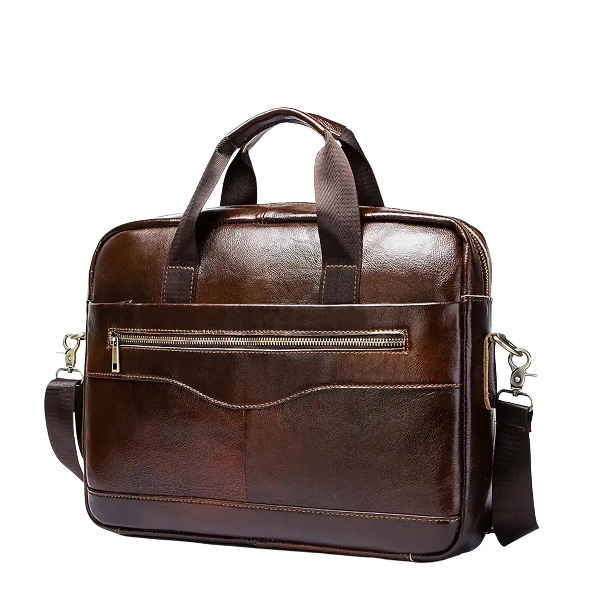 Men leather laptop briefcase in brown with top handle detachable shoulder strap and front zippered pocket for business use