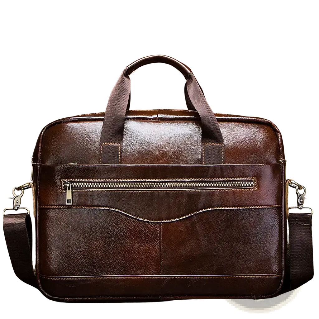 Brown leather men laptop briefcase with top handle and adjustable shoulder strap for business use