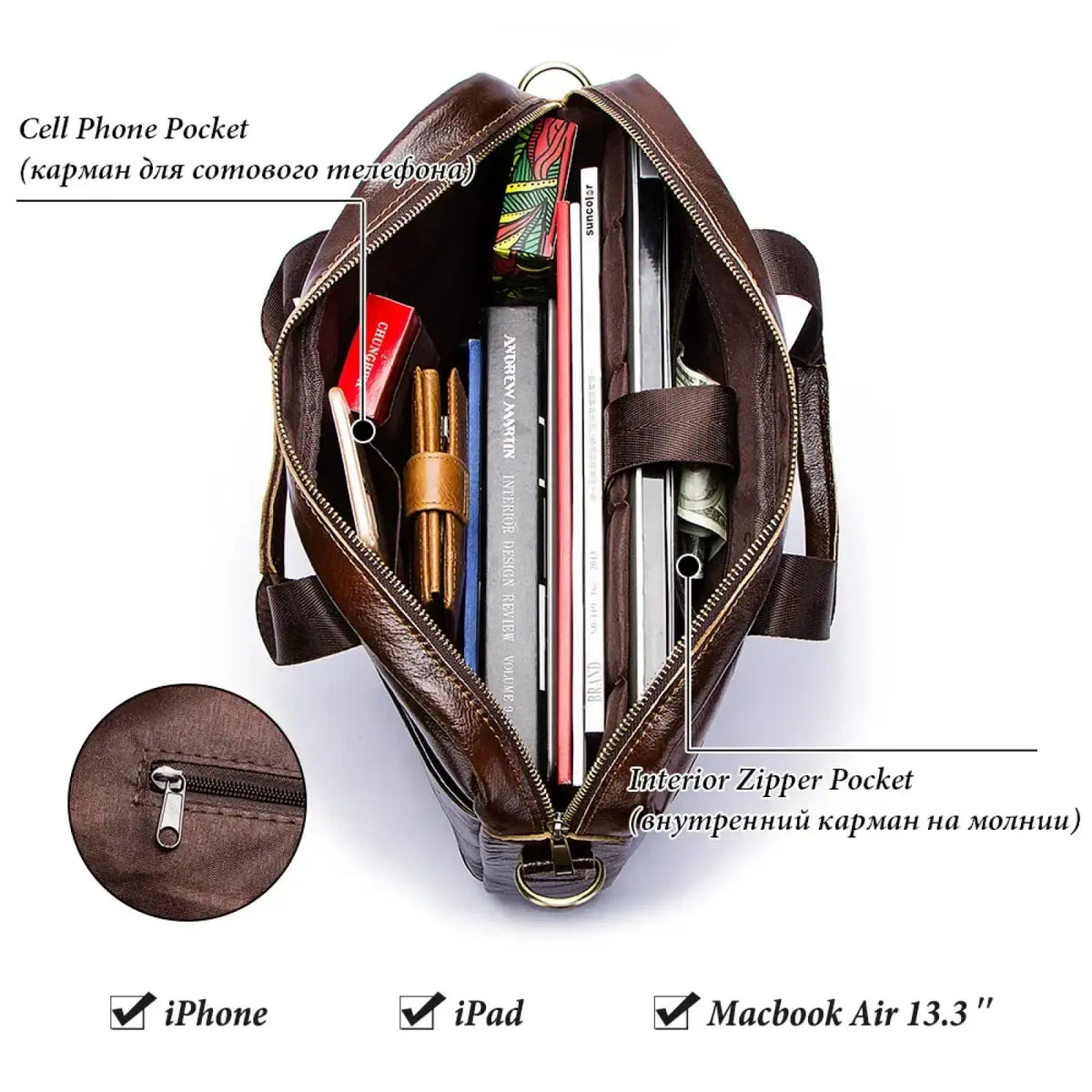 Brown leather men laptop briefcase business bag with multiple compartments and a zipper pocket for organized storage